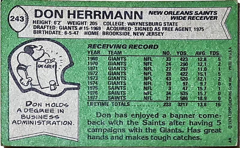 1978 Topps Don Herrmann Football Card #243