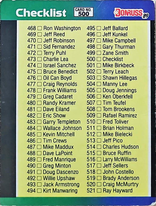 1989 Donruss Checklist 468-577 Basball Card #500