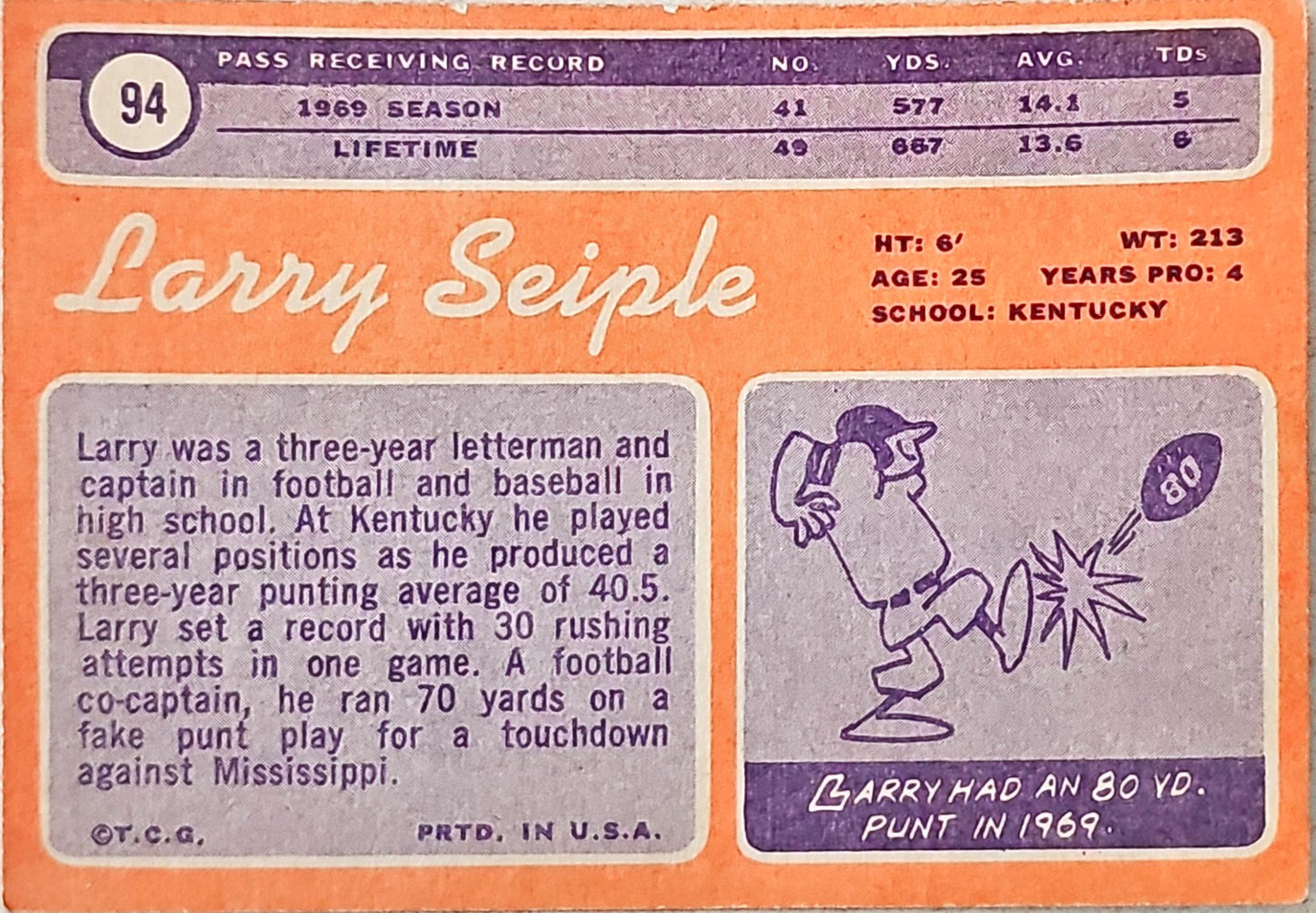 1969 Topps Larry Seiple Football Card #94