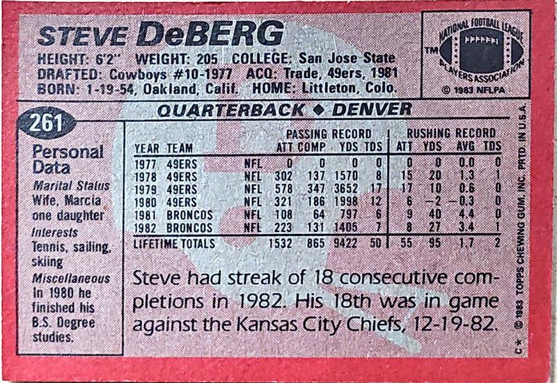 1983 Topps Steve DeBerg Football Card #261