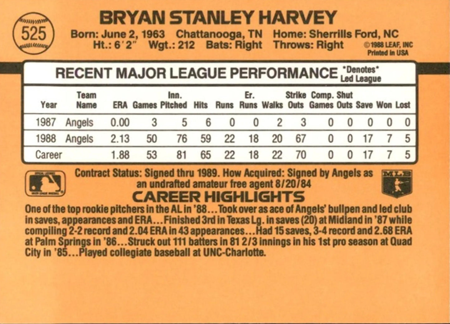 1989 Donruss Bryan Stanley Harvey Baseball Card #525