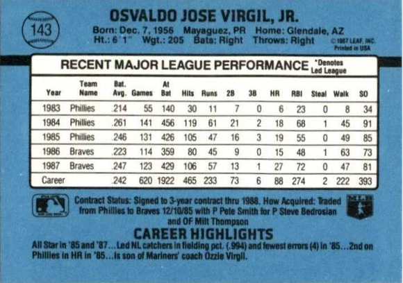 1988 Donruss Osvaldo Jose Virgil Jr. Baseball Card #143