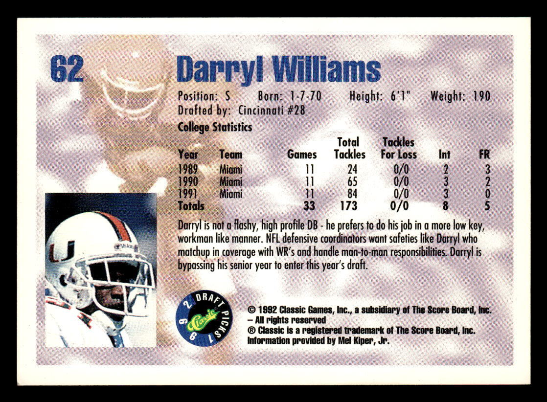 1992 Classic Draft Picks Darryl Williams Football Card #62