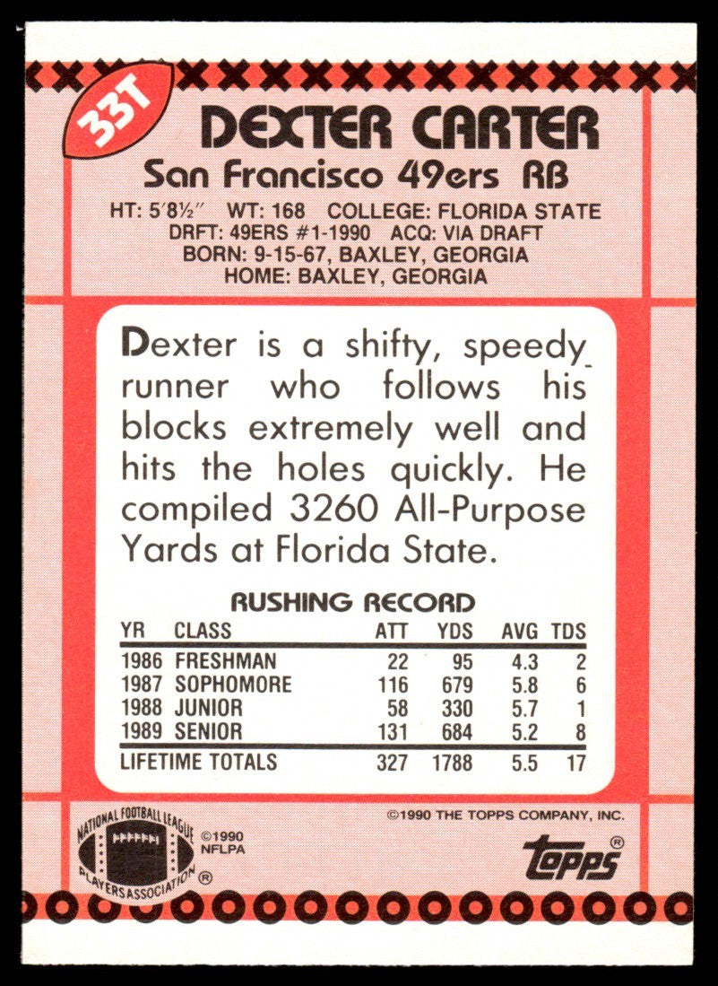 1990 Topps Dexter Carter Football Card #33T