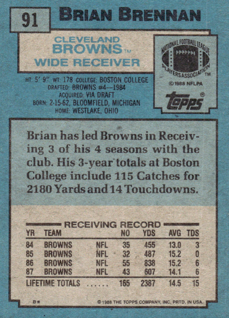 1988 Topps Brian Brennan Football Card #91