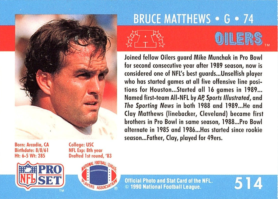 1990 NFL Pro Set Bruce Matthews Football Card #514