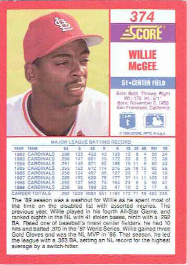 1990 Score Willie McGee Baseball Card #374