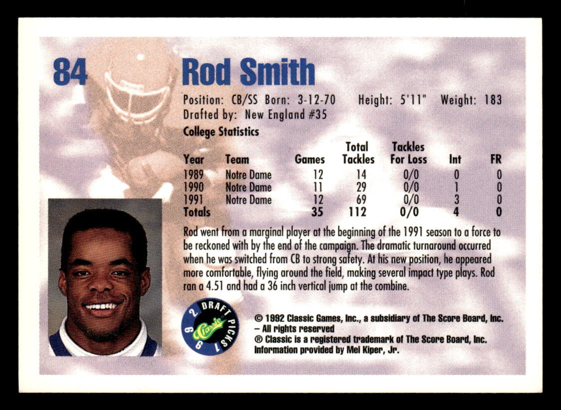 1992 Classic Draft Picks Rod Smith Football Card #84