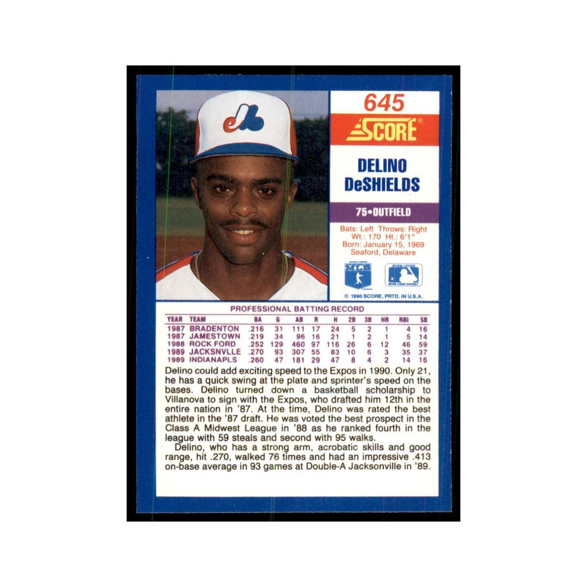 1990 Score Delino DeShields Baseball Card #645