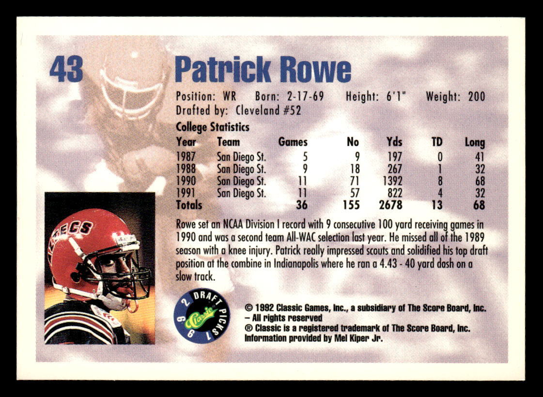 1992 Classic Draft Picks Patrick Rowe Football Card #43