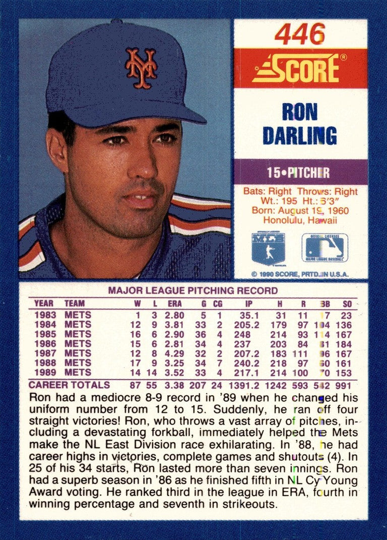 1990 Score Ron Darling Baseball Card #446