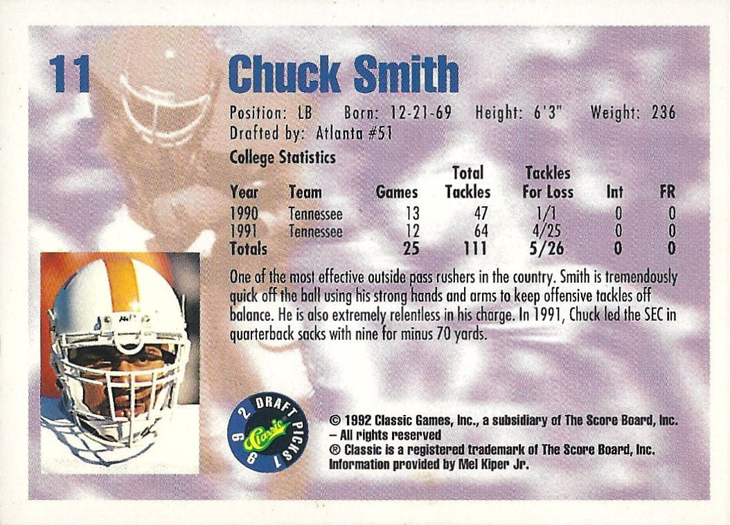 1992 Classic Draft Picks Chuck Smith Football Card #11
