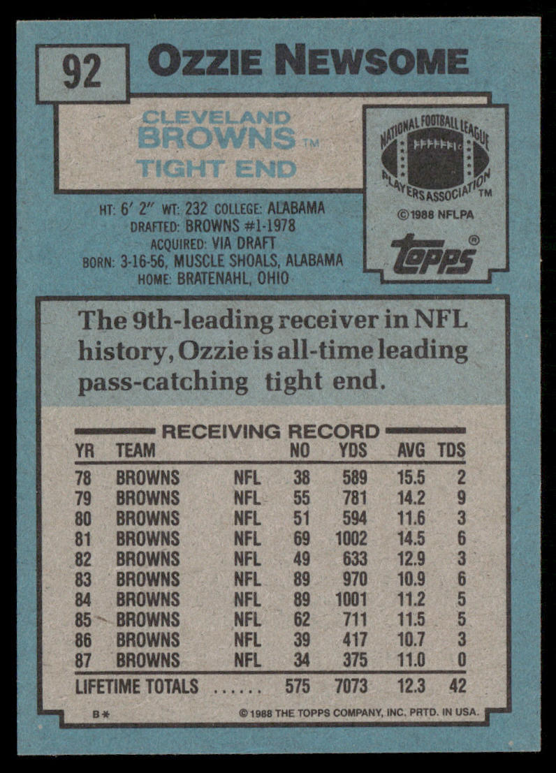 1988 Topps Ozzie Newsome Football Card #92