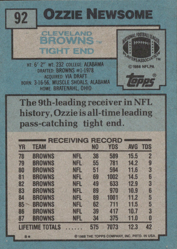 1988 Topps Ozzie Newsome Football Card #92