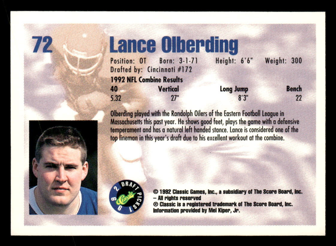 1992 Classic Draft Picks Lance Olderding Football Card #72