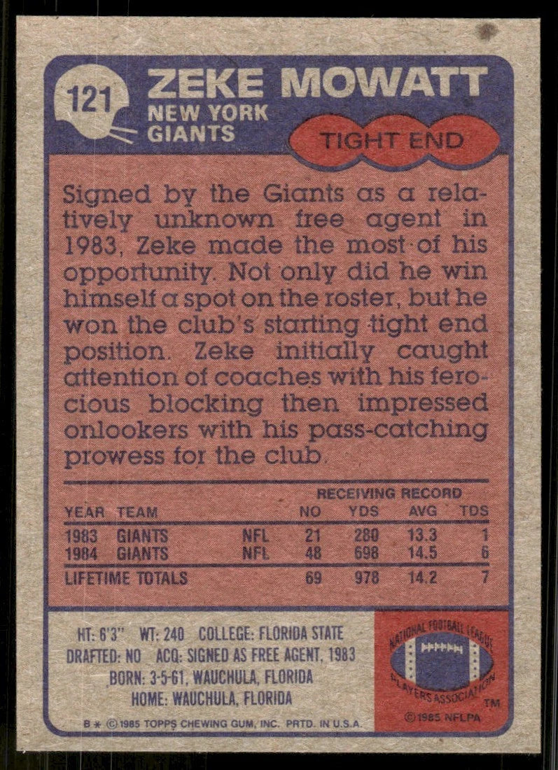 1985 Topps Zeke Mowatt Football Card #121