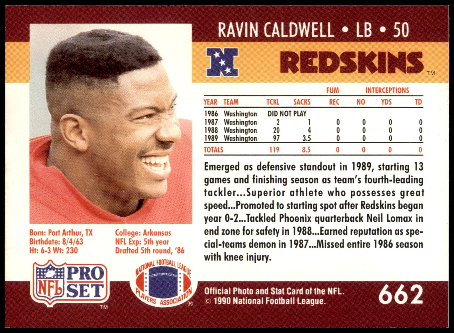 1990 NFL Pro Set Ravin Caldwell Football Card #662