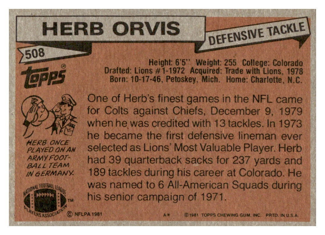1981 Topps Herb Orvis Football Card #508