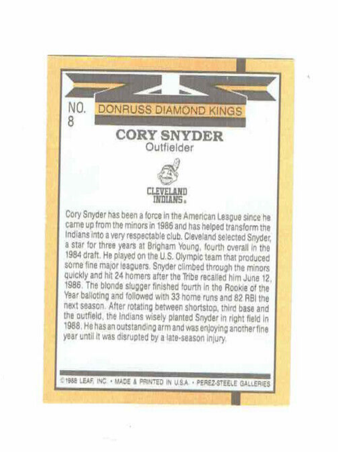 1988 Donruss Diamond Kings Cory Snyder Baseball Card #8