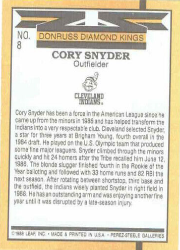 1988 Donruss Diamond Kings Cory Snyder Baseball Card #8