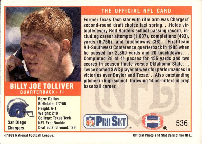 1989 NFL Pro Set Billy Joe Tolliver Baseball Card #536