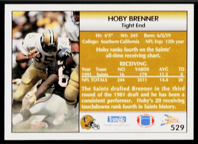 1992 Pacific Hoby Brenner Football Card #529