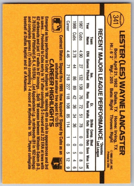 1989 Donruss Lester (Les) Wayne Lancaster Baseball Card #341
