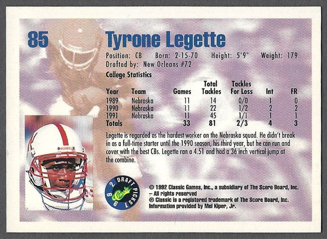1992 Classic Draft Picks Tyrone Legette Football Card #85