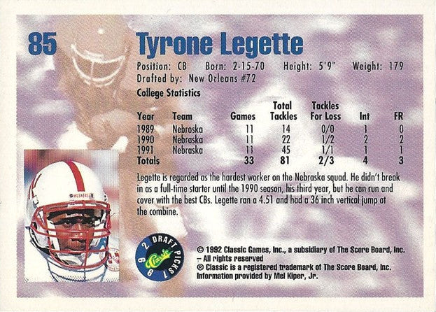 1992 Classic Draft Picks Tyrone Legette Football Card #85