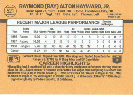 1989 Donruss Raymond (Ray) Alton Hayward JR. Baseball Card #521