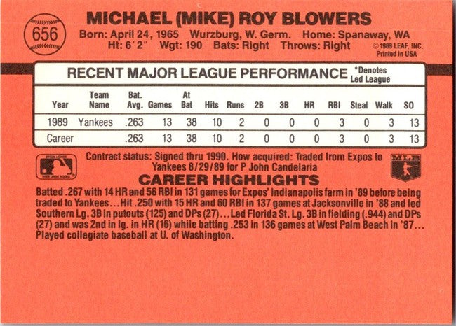 1990 Donruss Michael (Mike) Roy Blowers Baseball Card #656