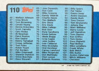 1990 Topps Big Baseball Series 1 Checklist Baseball Card #110