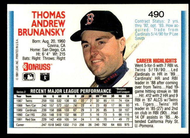 1992 Donruss Thomas Andrew Brunansky Baseball Card #490