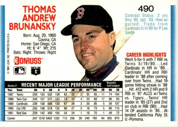 1992 Donruss Thomas Andrew Brunansky Baseball Card #490