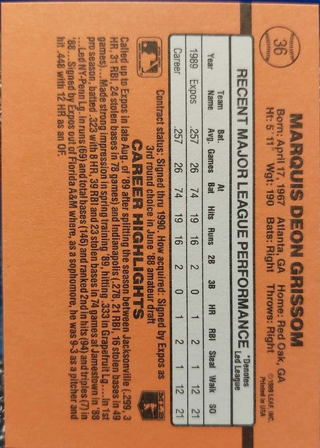 1990 Donruss Marquis Deon Grissom Baseball Card #36