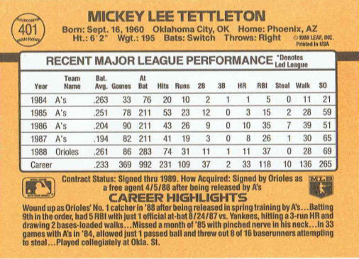 1989 Donruss Mickey Tettleton Baseball Card #401