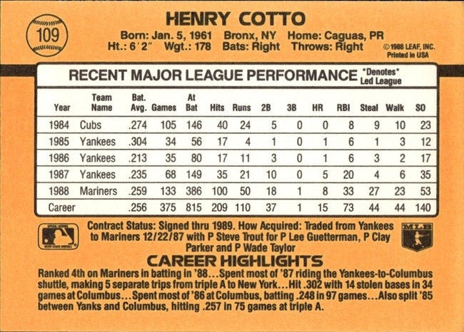 1989 Donruss Henry Cotto Baseball Card #109