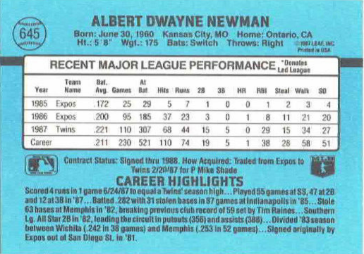 1988 Donruss Albert Dwayne Newman Baseball Card #645