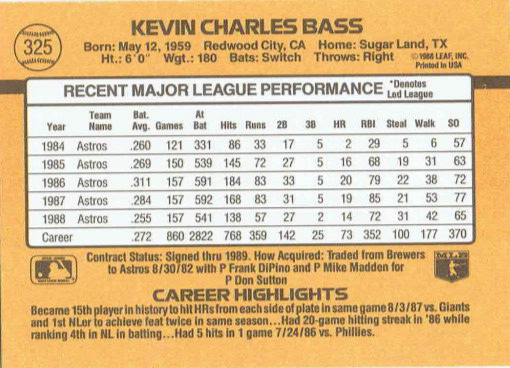 1989 Donruss Kevin Charles Bass Baseball Card #325