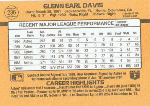 1989 Donruss Glenn Earl Davis Baseball Card #236