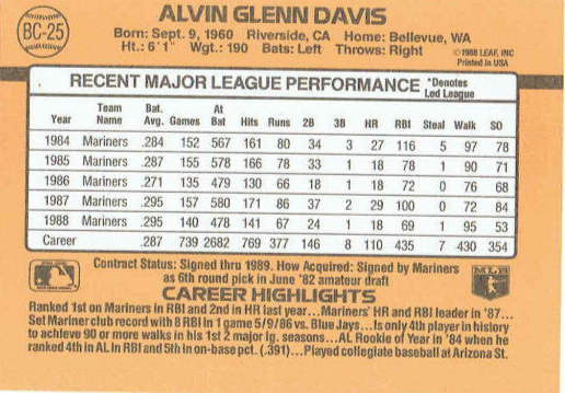 1989 Donruss Alvin Glenn Davis Baseball Card #BC-25
