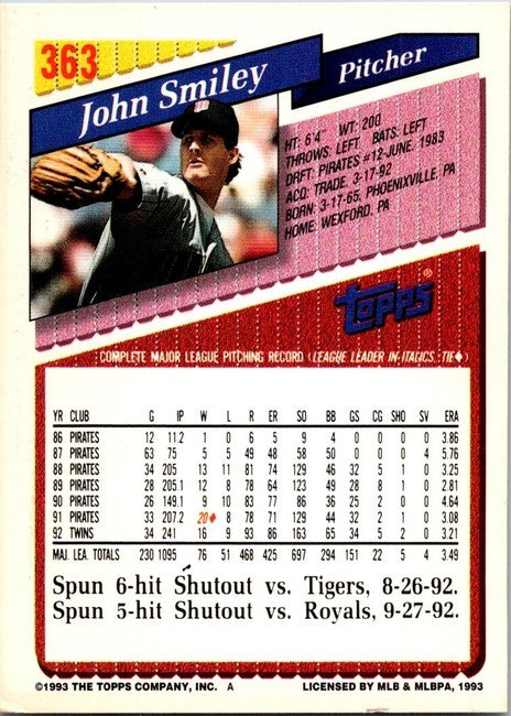 1993 Topps John Smiley Baseball Card #363