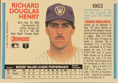1992 Donruss Richard Douglas Henry Baseball Card #663