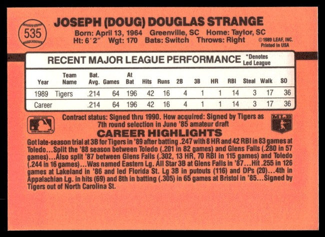 1990 Donruss Joseph (Doug) Douglas Strange Baseball Card #535