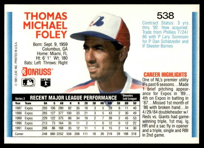 1992 Donruss Thomas Michael Foley Baseball Card #538