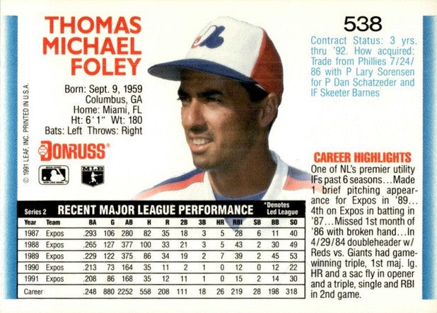 1992 Donruss Thomas Michael Foley Baseball Card #538