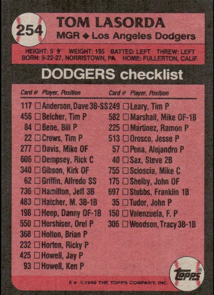 1989 Topps Tom Lasorda Baseball Card #254