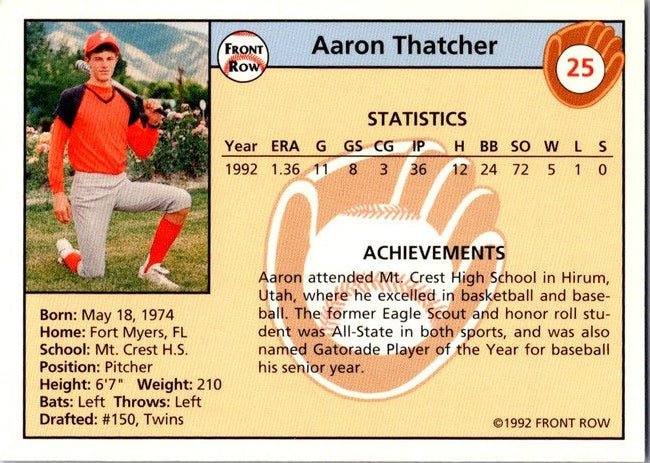 1992 Front Row Aaron Thatcher Baseball Card #25