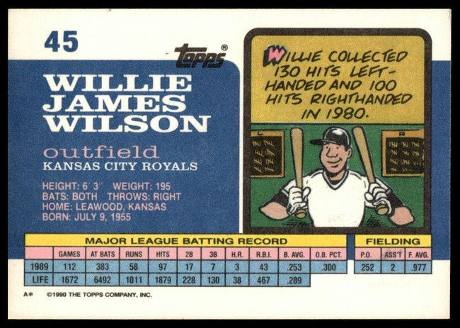 1990 Topps Willie James Wilson Baseball Card #45