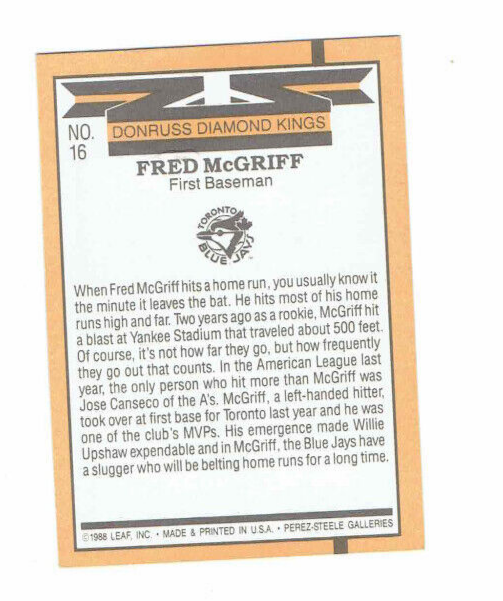 1988 Donruss Diamond Kings Fred McGriff Baseball Card #16